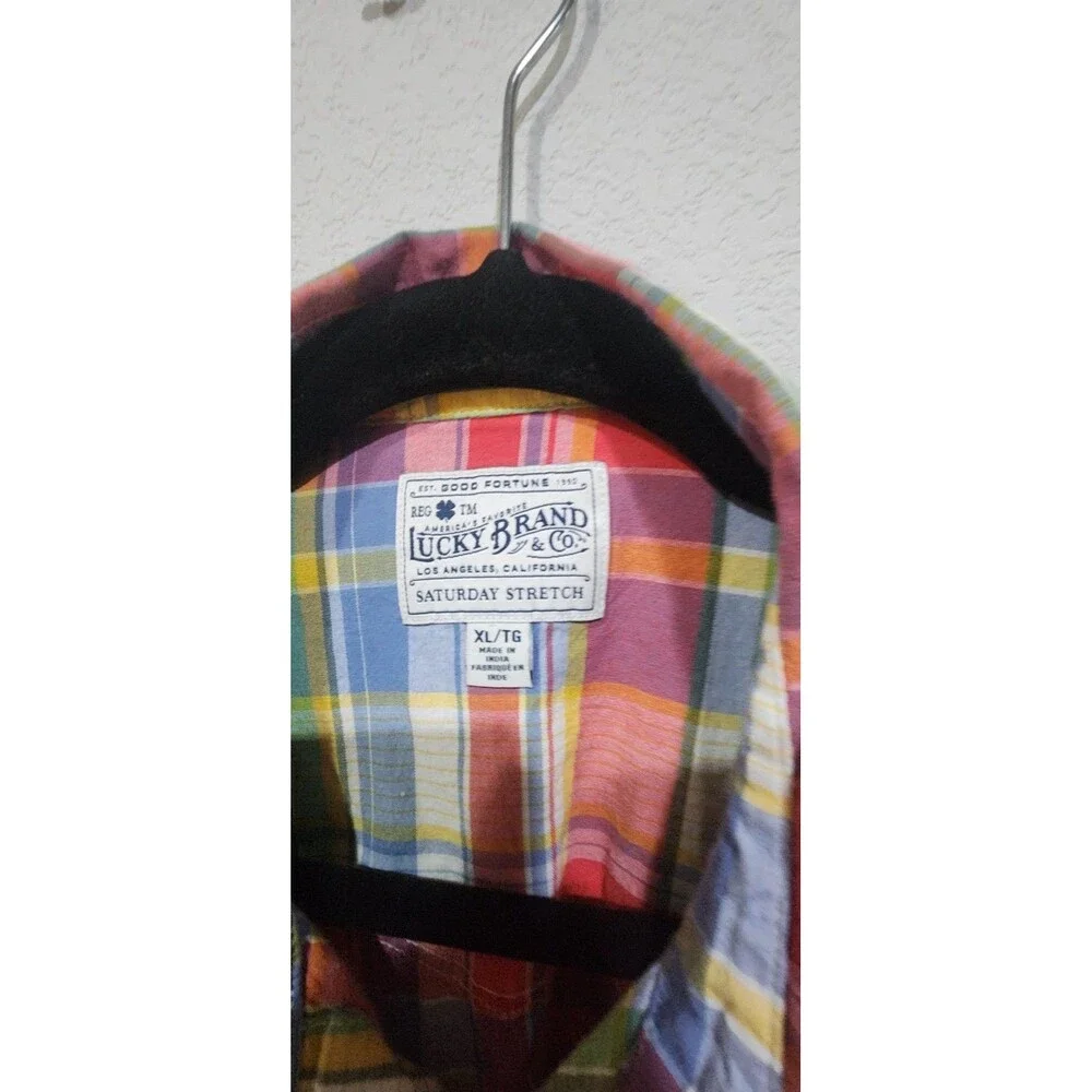 Lucky Brand Medium XL Pink Green Plaid SATURDAY STRETCH Men's Button-Front SHirt